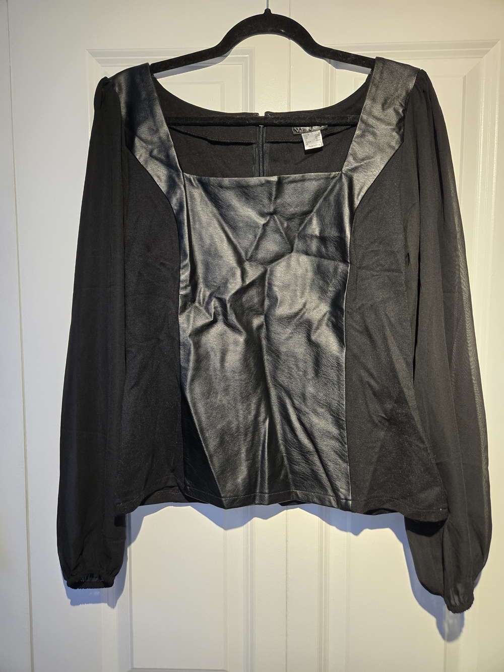 VENUS Black Faux Leather Paneled Long Sleeve Blouse